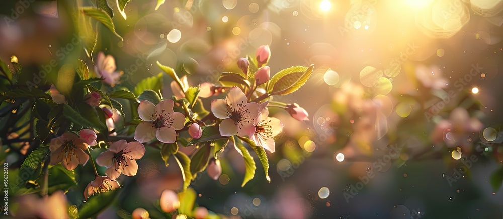 Aufkleber blossoming cherries on a tree in the sunlight surrounded by nature creating a picturesque scene with