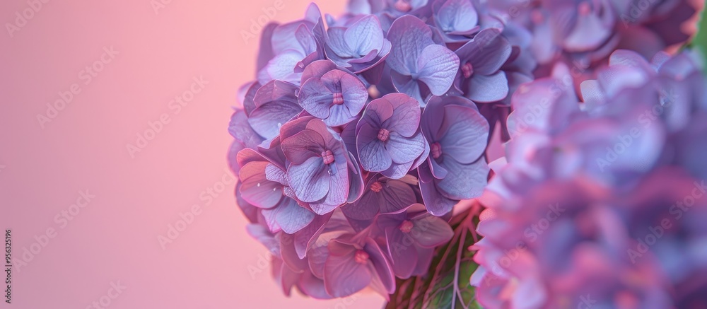 Poster purple hydrangea blooms set against a pink backdrop with ample space for additional imagery