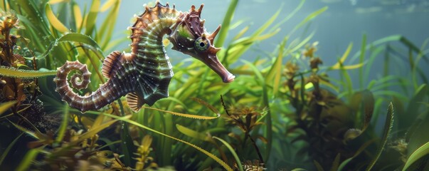 Obraz premium Elegant seahorse swimming amid seagrass, 4K hyperrealistic photo