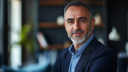 Dojrzały mężczyzna w średnim wieku, przedstawiony w eleganckim portrecie korporacyjnym. Jego wyraz twarzy i styl ubioru podkreślają jego rolę jako doświadczonego menedżera.