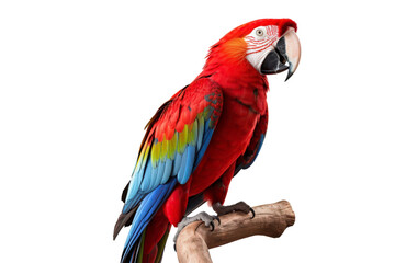 Obraz premium Scarlet macaw perched on branch against light background, suitable for nature or wildlife themed designs and projects