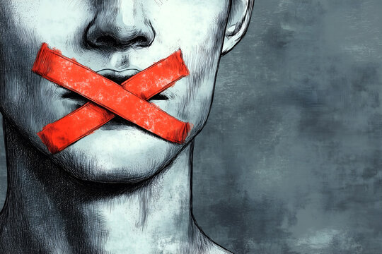 A red tape crossed over the mouth of a man, symbolizing the restriction of free speech