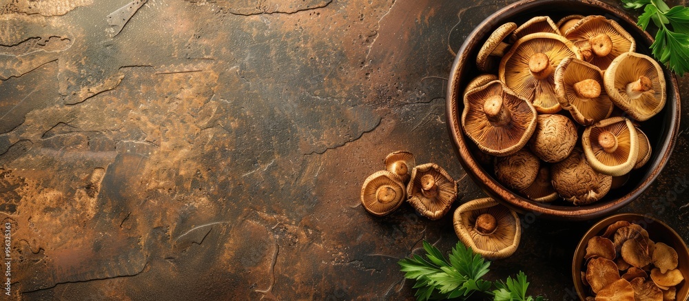 Poster shiitake dried mushroom dish displayed on a rustic tabletop with a food background ideal for keto pa