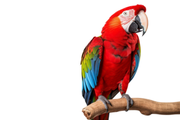 Scarlet macaw perched on branch against light background, suitable for nature or wildlife themed designs and projects