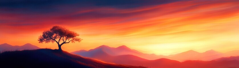 A vibrant sunset over a serene landscape with a lone tree silhouetted against colorful skies and distant mountains.