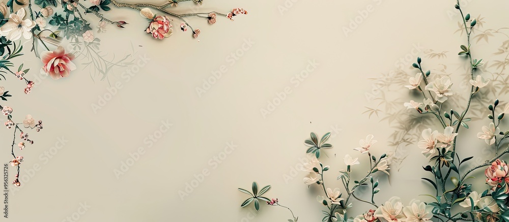 Leinwandbilder from an overhead view a blank sheet of paper with a floral design on a beige background is available