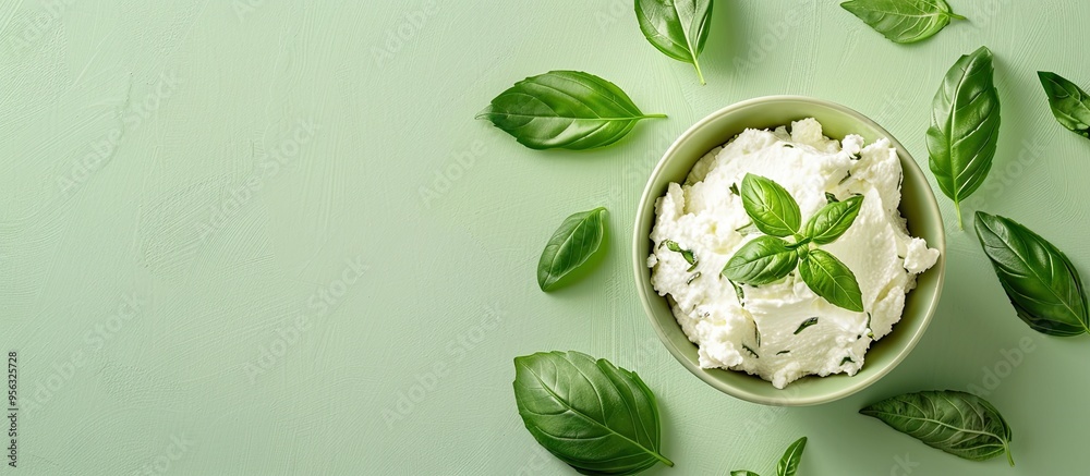 Poster green table with fresh ricotta and basil cream cheese displayed from a top view perspective offers a