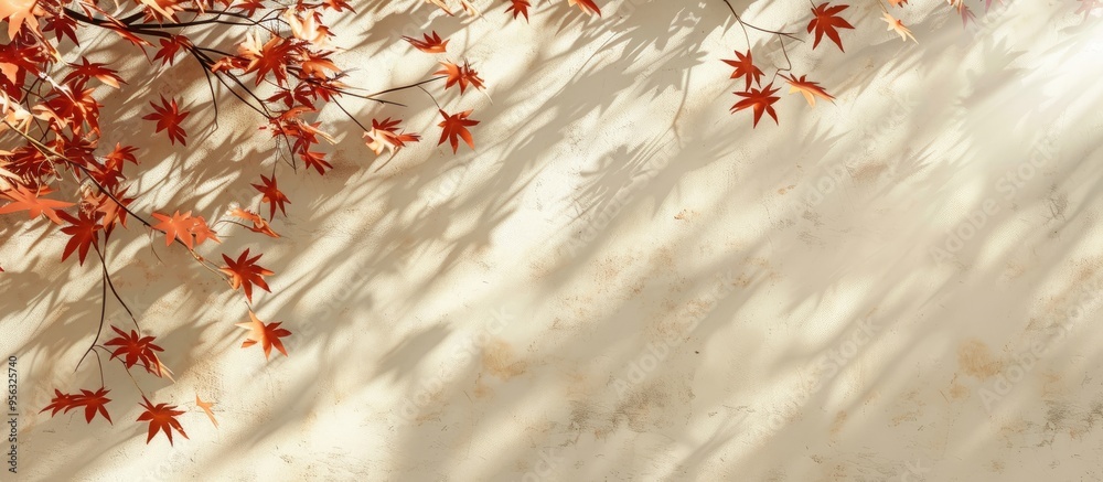 Wall mural cream colored shades depict an abstract autumnal scene with maple tree leaves creating shadows on a 
