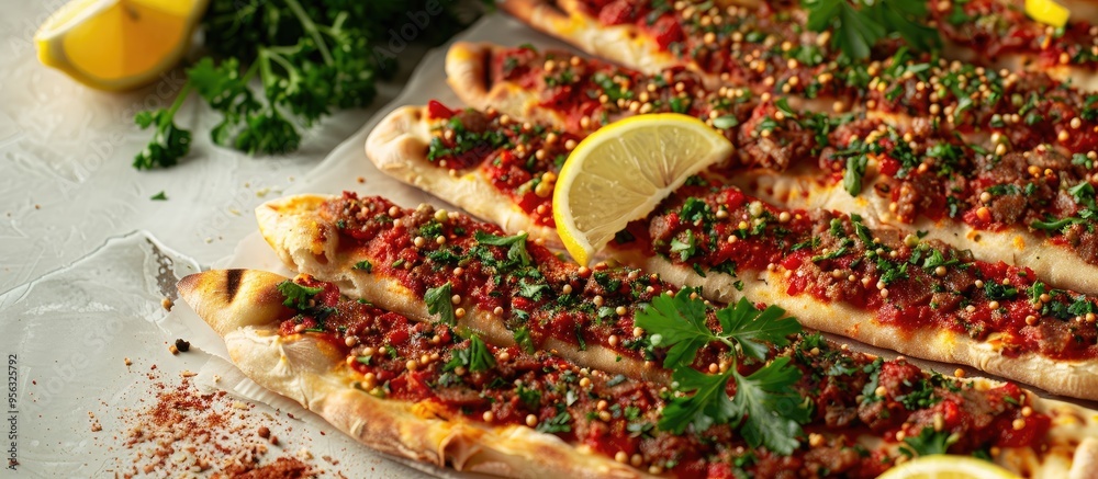 Poster detailed shot of turkish lahmacun flatbread garnished with spices lemons and parsley against a plain