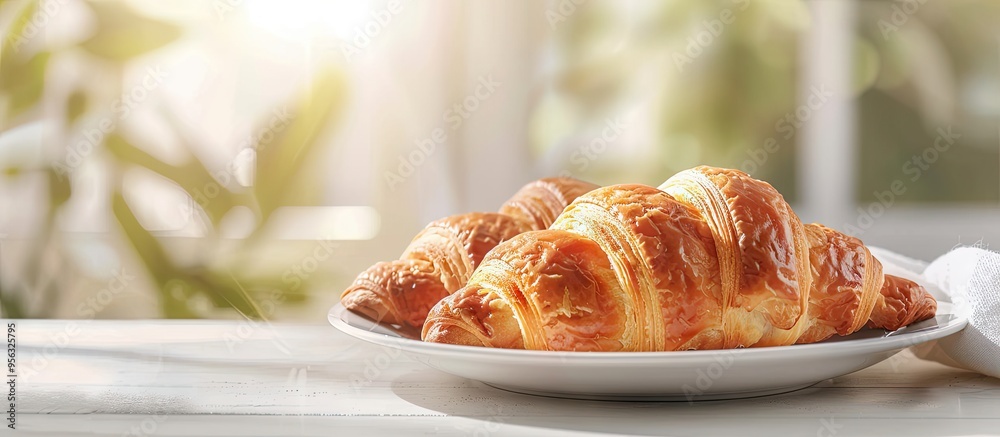 Poster almond croissant pastry displayed on a white table with a bright and inviting ambiance ideal for rec
