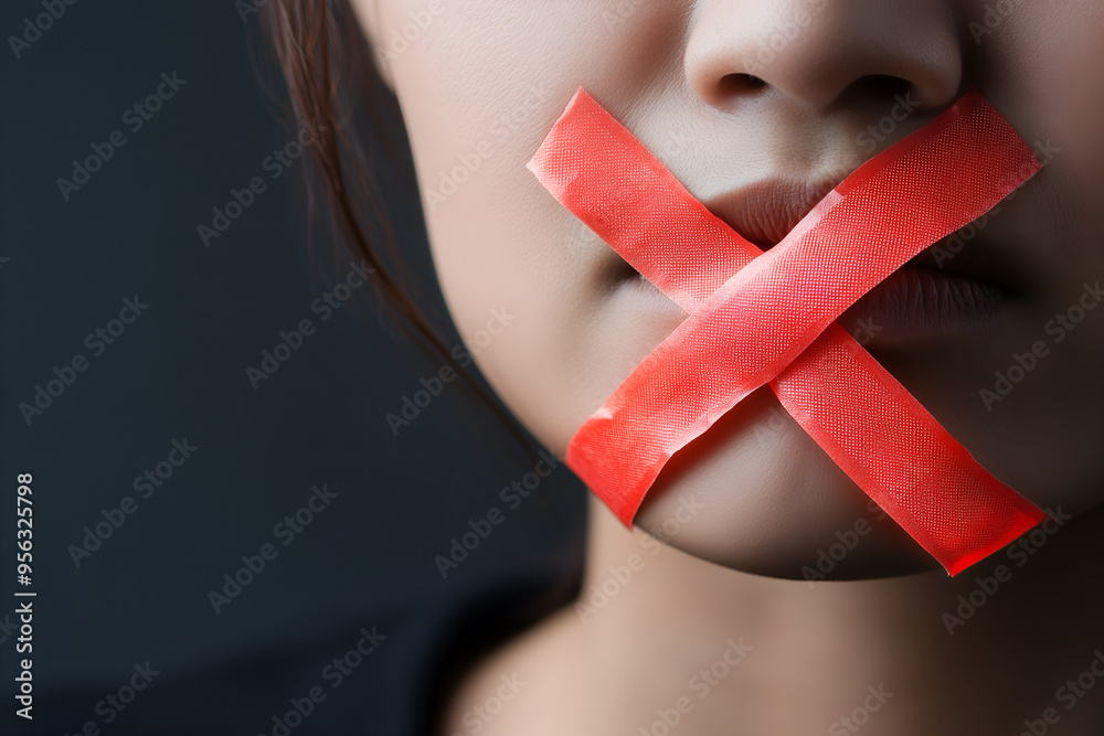 Wall mural A red tape crossed over the mouth of a woman, symbolizing the restriction of free speech