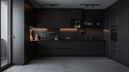 an image of a minimalist kitchen with black cabinetry and minimal hardware
