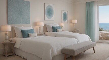 Ultra-realistic sea-side master bedroom with photo frames and other accessories interior design image template. White bedroom interior image.