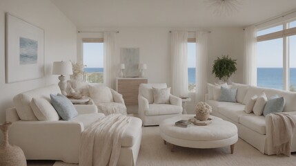 Fototapeta premium Ultra-realistic sea-side master bedroom with photo frames and other accessories interior design image template. White bedroom interior image.