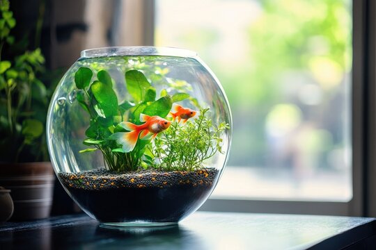 Two Goldfish Swimming in a Glass Bowl with Plants