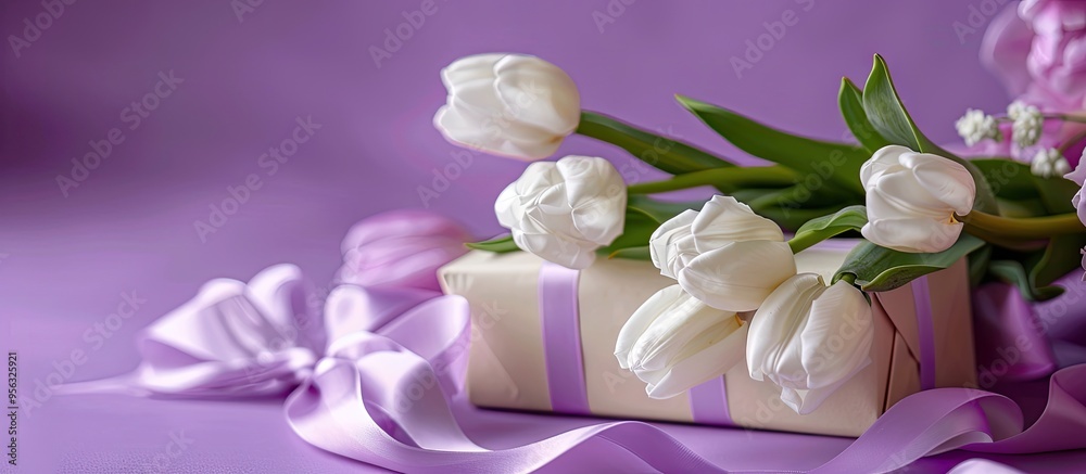 Poster White tulips displayed with a gift box on a lilac background with available copy space image