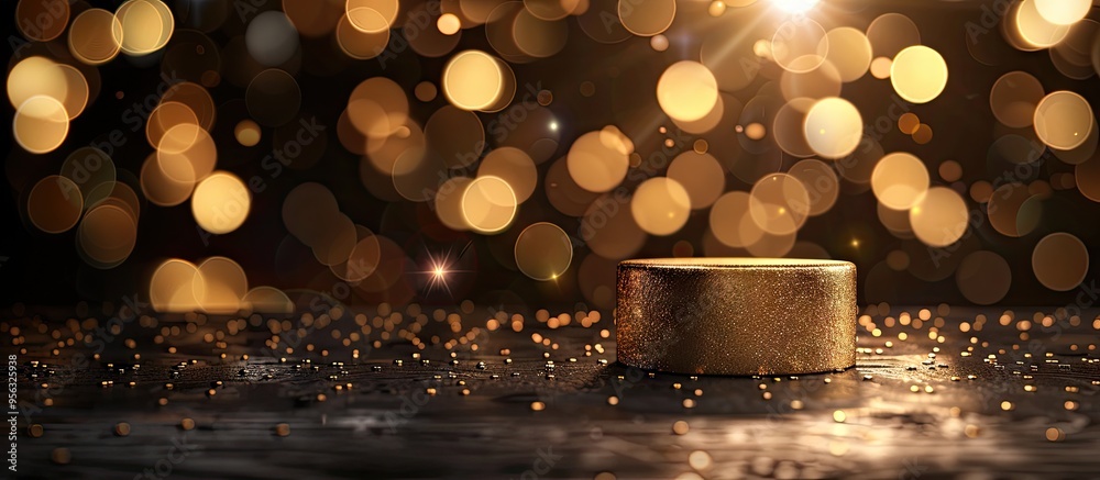 Aufkleber A shimmering gold bokeh creates the perfect backdrop for a product display on a pedestal in this festive showcase with a captivating copy space image