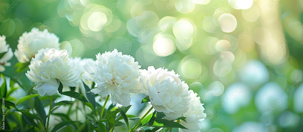 Fototapete close up of blooming white peonies in a spring garden with a green natural background creating a bea