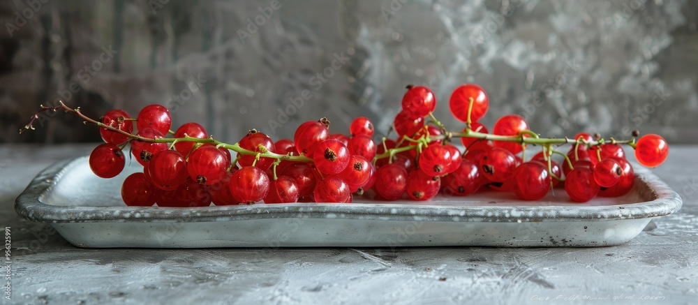Poster organic red currants and marmalade presented in a close up on a gray ceramic tray with copy space im