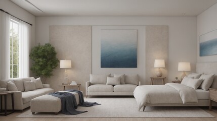 Ultra-realistic sea-side master bedroom with photo frames and other accessories interior design image template. White bedroom interior image.