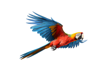 The image features a red scarlet macaw bird, its wings spread out. Suitable for website backgrounds or marketing materials for nature, wildlife, tropical themes, and bird enthusiasts