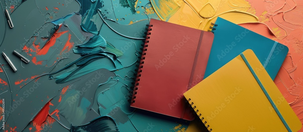 Fototapete colorful background with stationery and notebooks showcasing a copy space image