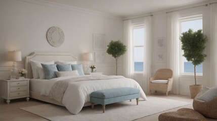 Fototapeta premium Ultra-realistic sea-side master bedroom with photo frames and other accessories interior design image template. White bedroom interior image.