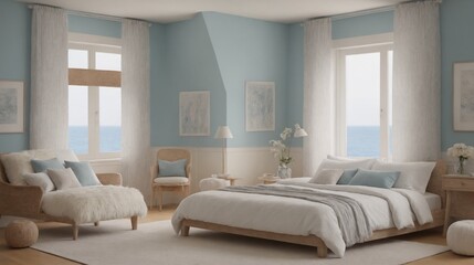 Fototapeta premium Ultra-realistic sea-side master bedroom with photo frames and other accessories interior design image template. White bedroom interior image.
