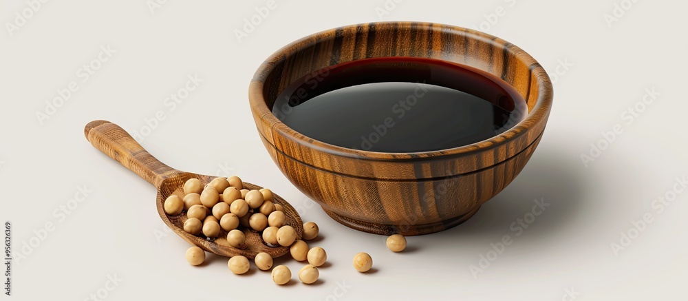 Poster A white background showcasing soy sauce and soybeans with copy space image