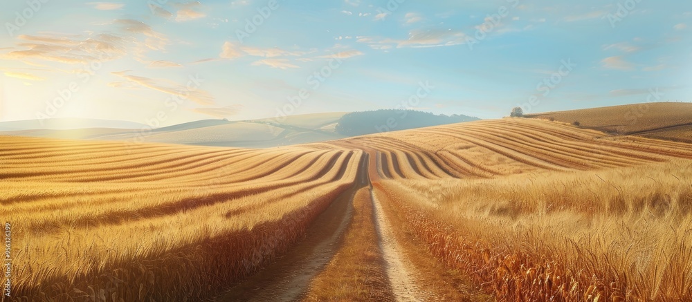 Poster a scenic rural landscape with a trail through a golden field stretching towards the horizon framed b