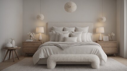 Ultra-realistic sea-side master bedroom with photo frames and other accessories interior design image template. White bedroom interior image.