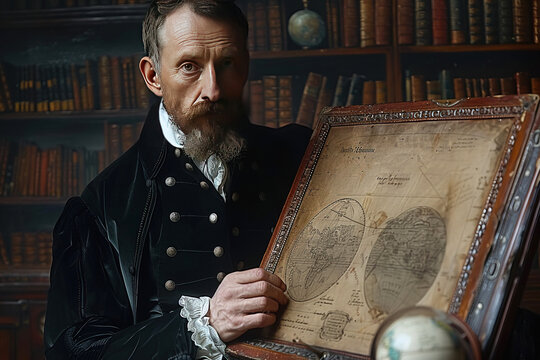 Kepler Johannes, astrologer, astronomer, natural scientist, theoretical physicist, in shorts with frill, sits in an office with maps.