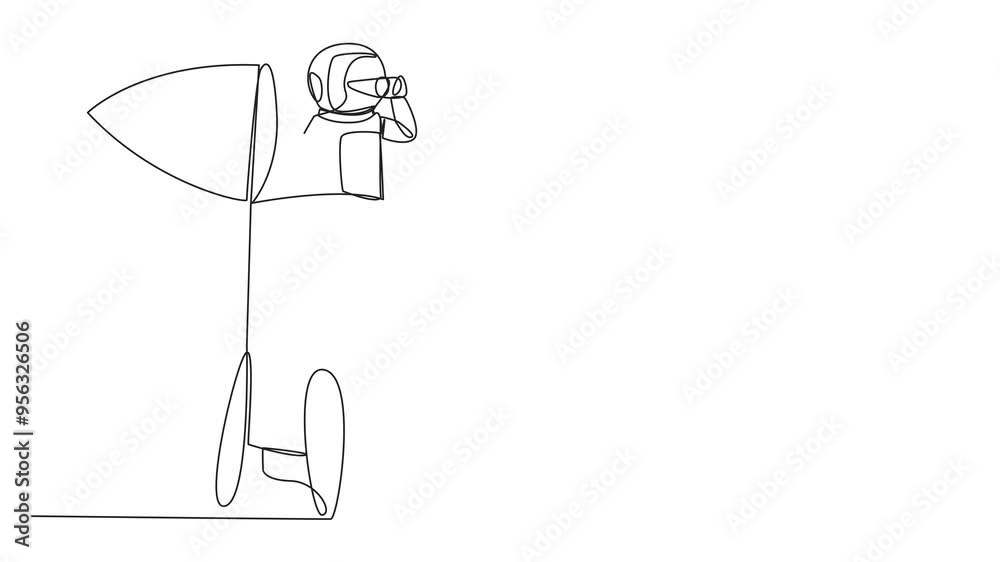Poster animated self drawing of single continuous line drawing astronaut emerges from the end of rocket loo
