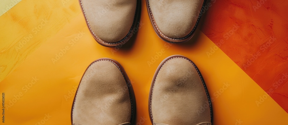 Poster top view of beige suede shoes against a colored backdrop with a space for adding images. creative ba