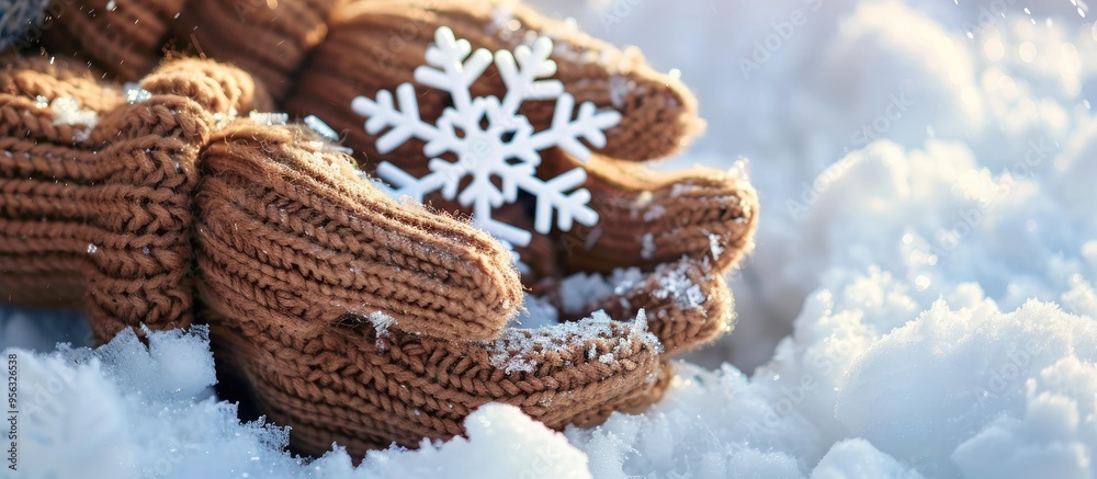 Poster a woman s hands wearing cozy brown mittens adorned with a snowflake resting on the snow in a photo w