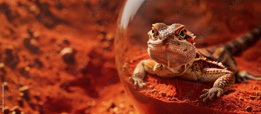 Poster A lizard is observed in a glass container filled with red sand gazing towards the camera in a serene pose within copy space image