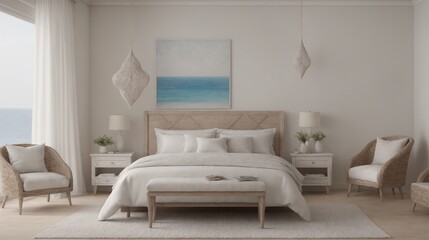 Ultra-realistic sea-side master bedroom with photo frames and other accessories interior design image template. White bedroom interior image.