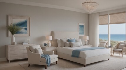 Ultra-realistic sea-side master bedroom with photo frames and other accessories interior design image template. White bedroom interior image.