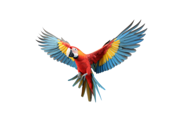 The image features a red scarlet macaw bird, its wings spread out. Suitable for website backgrounds or marketing materials for nature, wildlife, tropical themes, and bird enthusiasts