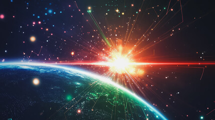 Abstract colorful business connection of lines from nodes It is connected to endless nodes and represents the innovation of communication cyber security in the network with black background