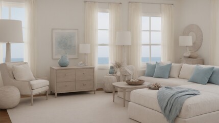 Ultra-realistic sea-side master bedroom with photo frames and other accessories interior design image template. White bedroom interior image.