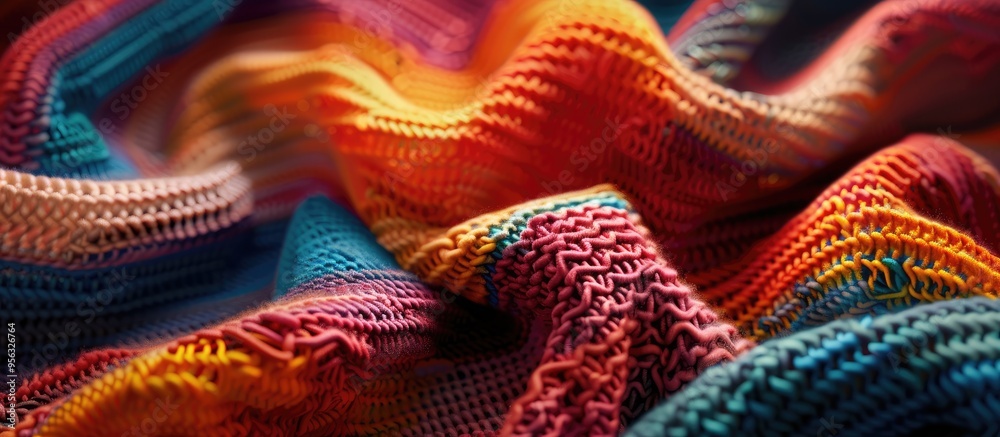 Poster Close up of a large knitted fabric showcasing a colorful abstract pattern ideal for a copy space image