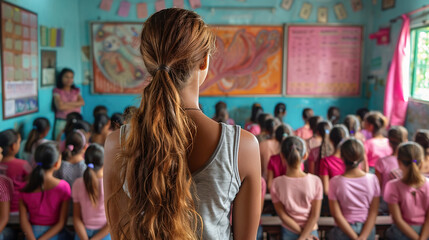 Menstrual health education workshop or classroom session, with women and girls learning about menstrual hygiene, reproductive anatomy, and menstrual cycle awareness