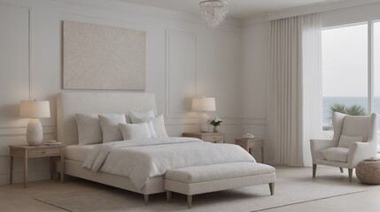 Ultra-realistic sea-side master bedroom with photo frames and other accessories interior design image template. White bedroom interior image.