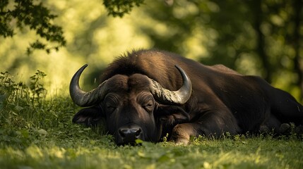 Obraz premium Majestic buffalo resting peacefully in the shade of a lush grassy landscape This serene African safari scene captures the tranquility of a wild untamed environment