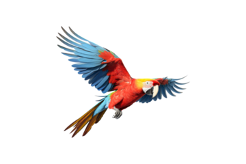 The image features a red scarlet macaw bird, its wings spread out. Suitable for website backgrounds or marketing materials for nature, wildlife, tropical themes, and bird enthusiasts