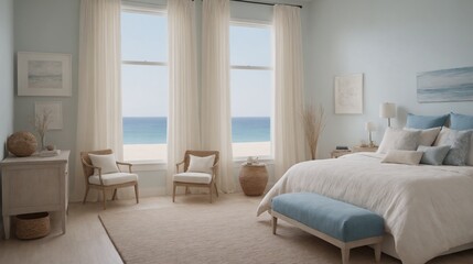 Ultra-realistic sea-side master bedroom with photo frames and other accessories interior design image template. White bedroom interior image.