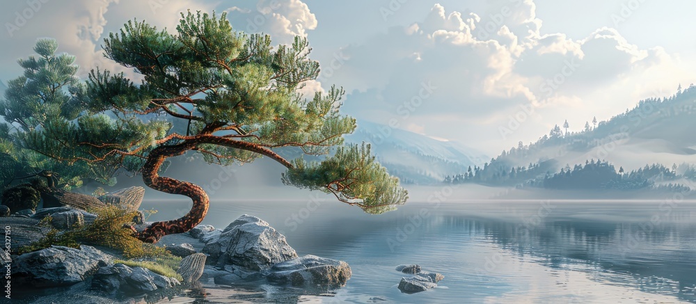 Poster scenic lakeshore featuring a large pine tree with copy space image