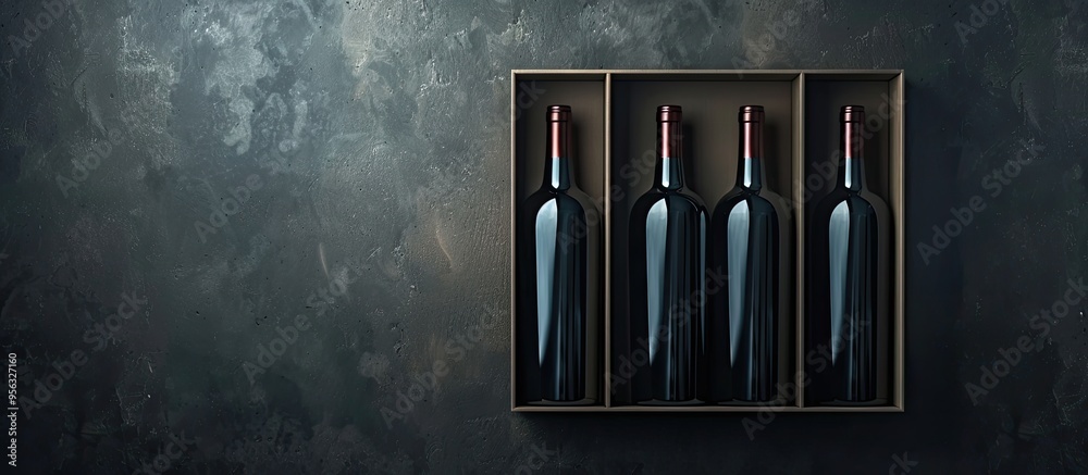 Poster Wine bottles in a box against a dark backdrop with ample copy space image