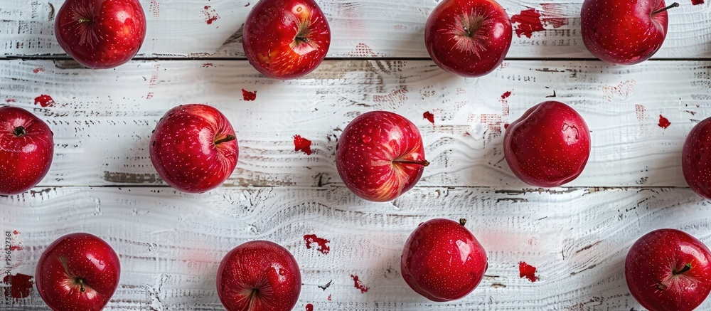 Fototapete red apples arranged on a white wooden surface in a flat lay style offering ample copy space for inse